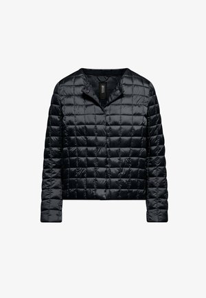 Zwarte doorgestikte lichte jas met snapbuttonkraag en lange mouwen, voorkant zichtbaar op een witte achtergrond.