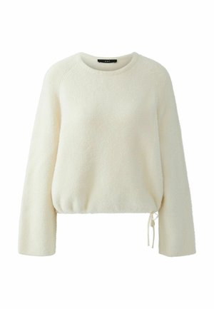 Cremfarbener, flauschiger Pullover mit Runde-Hals-Ausschnitt, langen Ärmeln und einer Kordel am Saum zur Anpassung der Passform. Weicher Stoff und einfaches Design.