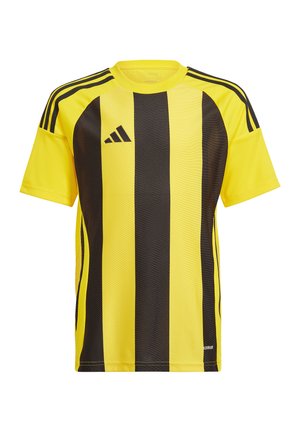 Gelbes und schwarzes, gestreiftes Adidas Fußballtrikot mit kurzen Ärmeln, Netztextur, Rundhalsausschnitt und Logo auf der Vorderseite.