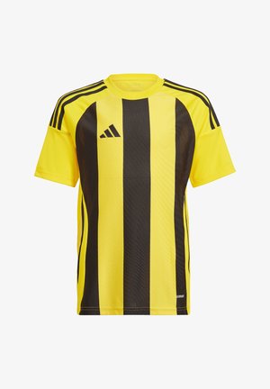 Geel en zwart gestreept Adidas voetbalshirt met korte mouwen, mesh-textuur, ronde hals en logo op de voorkant.