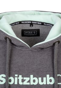 Grauer Hoodie mit mintgrüner Innenausstattung, ausgestattet mit einem Kordelzug und großem weißen "Spitzbub"-Schriftzug auf der Vorderseite. Etikett sichtbar innen.