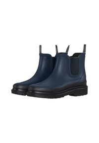 Botas de tobillo impermeables de color azul marino con paneles laterales elásticos, suela de goma y tiradores para facilitar el uso. Textura suave, diseño de punta redonda.
