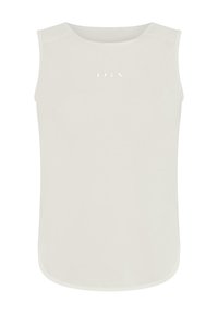 Top brez rokavov v off-white barvi z okroglim izrezom, gladko teksturo in ukrivljenim robom. Na sredini se nahaja subtilen logo.