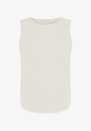 Top sin mangas de color blanco roto con cuello redondo, textura suave y dobladillo curvado. Presenta un logo sutil en el centro.