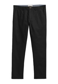 Chinos negros fabricados en algodón con una textura suave, que cuentan con un cierre de botón en la parte frontal, bolsillos laterales y pasadores para cinturón. Diseño limpio y clásico.