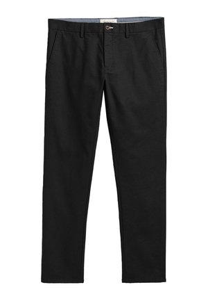 Chinos negros fabricados en algodón con una textura suave, que cuentan con un cierre de botón en la parte frontal, bolsillos laterales y pasadores para cinturón. Diseño limpio y clásico.