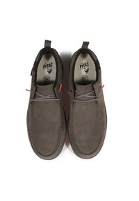 Grey suede shoes with orange accents, featuring a rounded toe, stitched detail, and pull-tab on the heel. Size 42 marked inside.