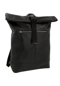 Mustanmusta rullaläppäreppu, joka on valmistettu sileästä nahasta. Varustettu edessä olevalla vetoketjutaskulla ja säädettävillä hihnoilla. Minimalistinen muotoilu tukevilla tarvikkeilla.