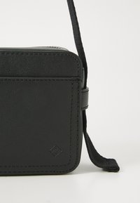 Black leather wallet with a smooth texture, rectangular shape, and rounded edges. Features a zip closure and a short strap for carrying.
