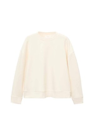 Svetlo kremasta majica z dolgimi rokavi iz mehke tkanine, s krožnim izrezom, spuščenimi rameni in sproščenim krojem. Gladek tekstura.