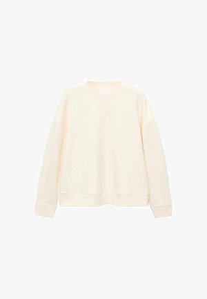 Svetlo kremasta majica z dolgimi rokavi iz mehke tkanine, s krožnim izrezom, spuščenimi rameni in sproščenim krojem. Gladek tekstura.