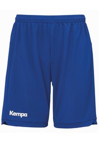 Blue athletic shorts made of lightweight fabric, featuring an elastic waistband and side pockets, with the "Kempa" logo in white on the lower left.