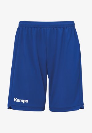 Blue athletic shorts made of lightweight fabric, featuring an elastic waistband and side pockets, with the "Kempa" logo in white on the lower left.