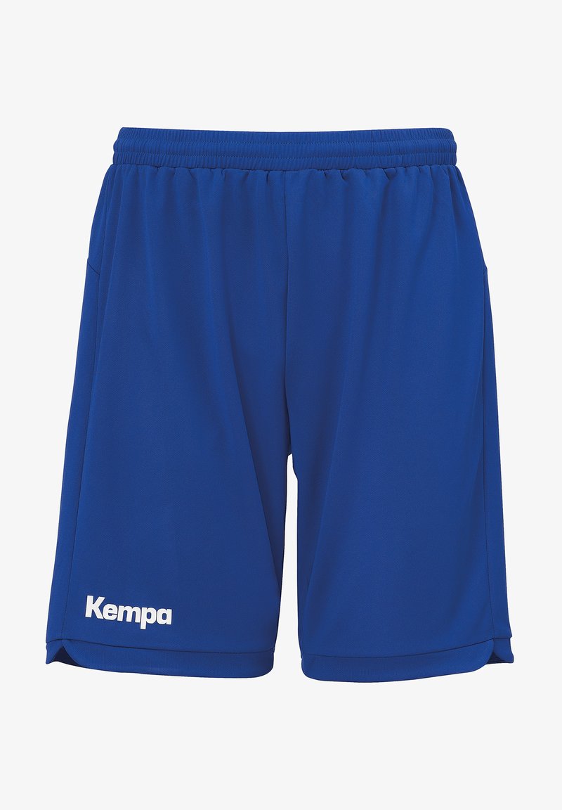 Blue athletic shorts made of lightweight fabric, featuring an elastic waistband and side pockets, with the "Kempa" logo in white on the lower left.