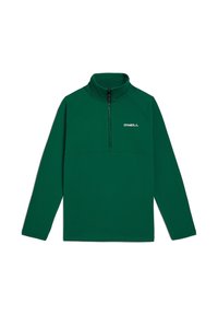 Groene fleece pullover met een hoge kraag, half-ritssluiting en raglanmouwen. Bevat een wit logo op de borst. Glad textuur.