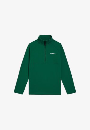 Pull en polaire vert avec un col haut, fermeture éclair mi-longue et manches raglan. Présente un logo blanc sur la poitrine. Texture lisse.