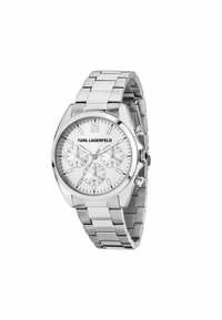 Orologio in acciaio inossidabile argentato con quadrante rotondo, tre sotto-quadranti e un elegante bracciale in metallo. Presenta un quadrante argentato texturizzato e numeri in grassetto.