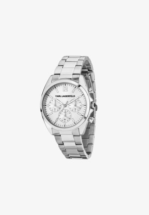 Orologio in acciaio inossidabile argentato con quadrante rotondo, tre sotto-quadranti e un elegante bracciale in metallo. Presenta un quadrante argentato texturizzato e numeri in grassetto.