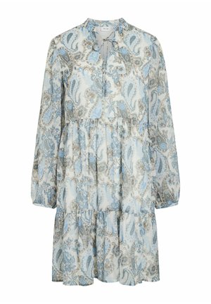 Vestido de manga larga con estampado de cachemira en azul claro y beige, falda de volantes, escote en V y ajuste holgado de la marca VILA.