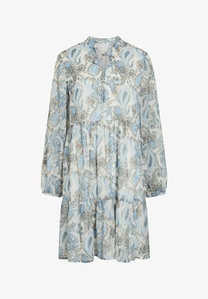 Vestido de manga larga con estampado de cachemira en azul claro y beige, falda de volantes, escote en V y ajuste holgado de la marca VILA.