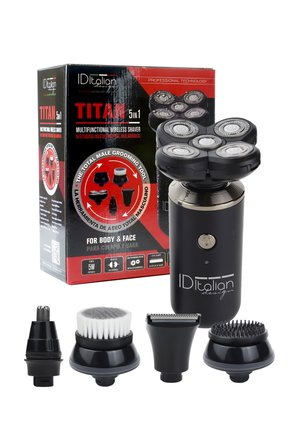 Rasoir sans fil multifonction avec cinq têtes de rasage et quatre accessoires de toilettage amovibles pour le corps et le visage, présenté avec son emballage.