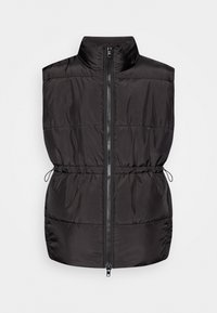 Czarna kamizelka puchowa z wysokim kołnierzem, przednim zamkiem błyskawicznym, sznurkiem w pasie oraz pikowanym wzorem. Posiada bezrękawnikowy krój, idealny do zakupu warstwowego.