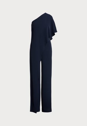 Marineblå jumpsuit med ensidig design, asymmetrisk drapering, vide ben og glat, letvægtsstof.