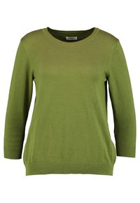 Grüner Pullover mit rundem Ausschnitt, Dreiviertelärmeln und geripptem Saum. Aus weichem, leichtem Strickstoff gefertigt.