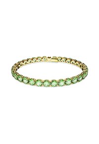Zlatý náramok s rovnomerne rozmiestnenými okrúhlymi zelenými drahokamami, osadenými v ako prúty a s uzáverom na box.