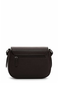 Brown leather crossbody bag with textured finish, flap closure, and a front zipper pocket. Features adjustable strap and minimal hardware.