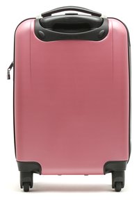 Hard-shell pink suitcase with a textured surface, black accents, a top handle, and four wheels for mobility. Zipper closure visible.