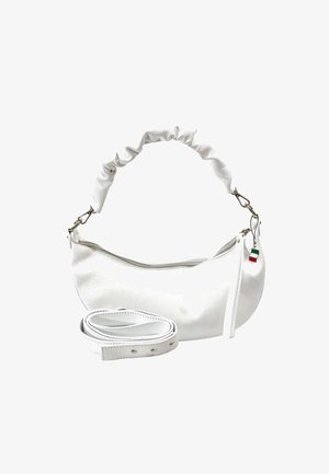 White leather handbag with a textured finish, curved shape, and a gathered handle. Includes an adjustable strap and small Italian flag accent.