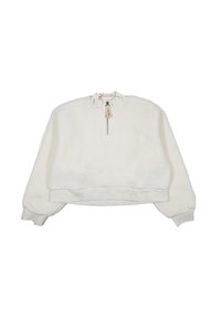 Felpa cropped bianca realizzata in materiale morbido e peloso. Presenta un colletto a mezza zip e polsini a costine, con un semplice dettaglio dell'etichetta.