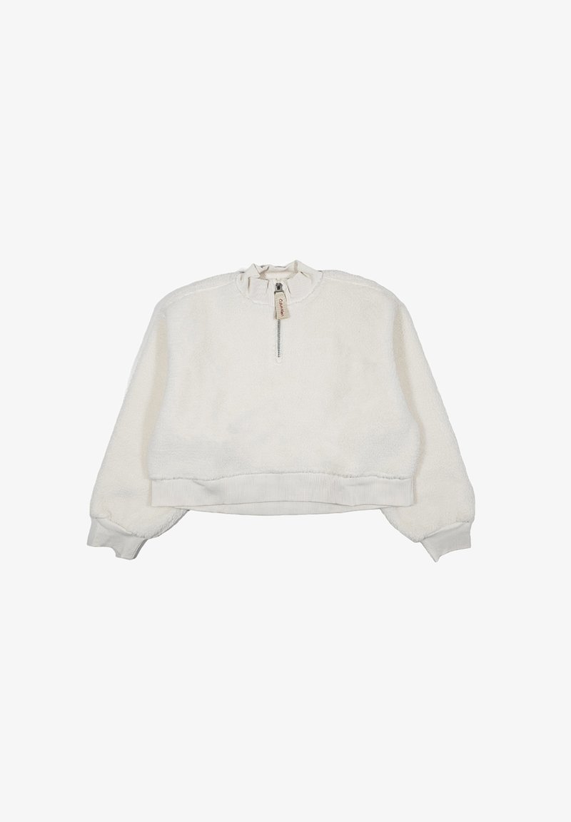 Felpa cropped bianca realizzata in materiale morbido e peloso. Presenta un colletto a mezza zip e polsini a costine, con un semplice dettaglio dell'etichetta.