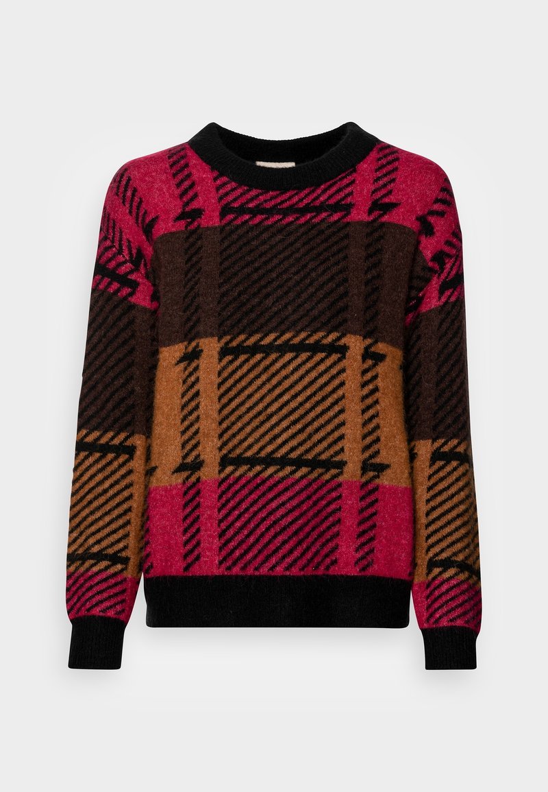 Wollpullover in schwarzem, braunem, pinkem und orangefarbenem Karomuster. Runder Ausschnitt, lange Ärmel, gerippte Bündchen und Saum. Weiche Textur.