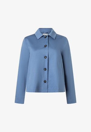 Blauw langarm jasje met knopen en kraag, voorzien van vijf zwarte knopen, een getailleerde pasvorm en zijnaadzakken.