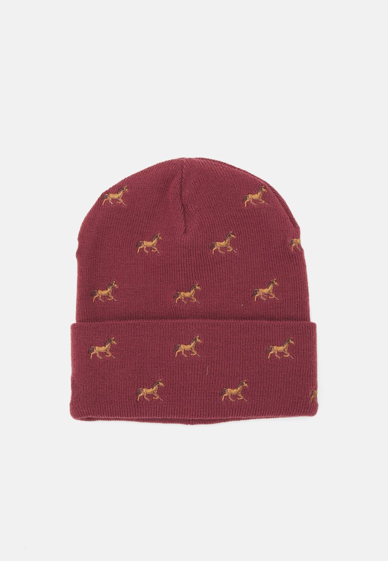 Bordo pletena kapa z zavihanjem, ki pritegne pozornost z večkratnimi vezenimi motivi konj v zlati in rjavi barvi. Mehka tekstura, tesno prileganje.