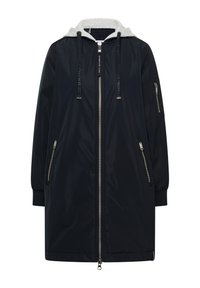 Long manteau noir à capuche avec doublure de capuche grise, fermeture éclair avant, poches pour les mains zippées et poche zippée sur la manche gauche.