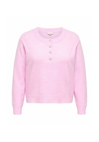 Rožinė megzta palaidinė su apvaliu iškirpimu, išilgai priekyje puošta penkiais širdelės formos mygtukais, o rankogaliai ir apačia ribotas.