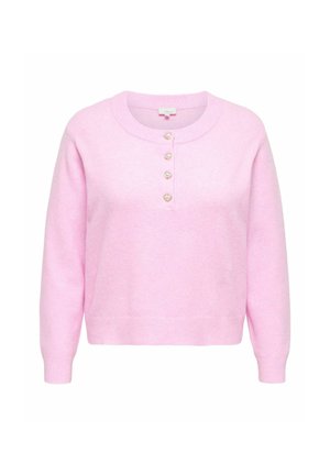 Roza pletena majica s okruglim izrezom, s pet dugmadi u obliku srca sprijeda i rebrastim manžetama i rubom.