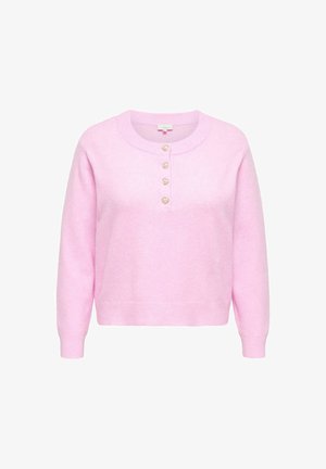 Rosa strikket genser med rund hals, med fem hjerteformede knapper foran og ribbestrikkede mansjetter og kant.