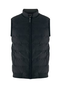 Černá prošívaná bezrukávová vypolstrovaná vesta s předním zipem a žebrovaným límcem a lemem, vystavená na bílém pozadí.