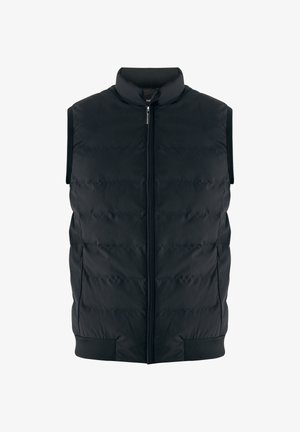 Sort quiltet ærmeløs polstret vest med frontlynlås og ribbestrikket krave og kant, præsenteret mod en hvid baggrund.