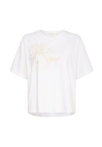 T-shirt en coton blanc à manches courtes, doté d'une broderie florale beige clair sur le côté gauche et d'une coupe décontractée.