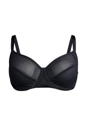 Black underwire bra made of mesh material, featuring seamed cups, adjustable straps, and a smooth, textured fabric finish.