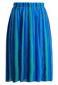 Plisowana spódnica w kolorze niebieskim z pionowymi paskami w zielonym i granatowym. Elastyczna talia, lekka tkanina i gładka faktura.