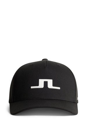 Black baseball cap made of textured fabric, featuring a prominent white logo on the front. Structured design with a curved brim.