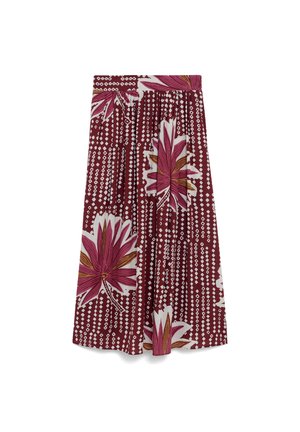 Viininpunainen kukallinen pleat-hame, jossa on suuria vaaleanpunaisia ja valkoisia kukkia, jota korostavat valkoiset геометrijatkuvat kuviot. Hameen yläpäässä on vyötärönauha.