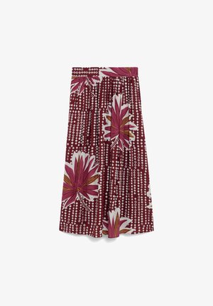 Viininpunainen kukallinen pleat-hame, jossa on suuria vaaleanpunaisia ja valkoisia kukkia, jota korostavat valkoiset геометrijatkuvat kuviot. Hameen yläpäässä on vyötärönauha.