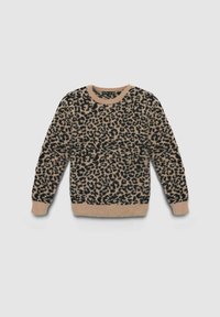 Maglione beige peloso con motivo a leopardo nero, maniche lunghe, polsini e orlo a coste, steso su uno sfondo chiaro.